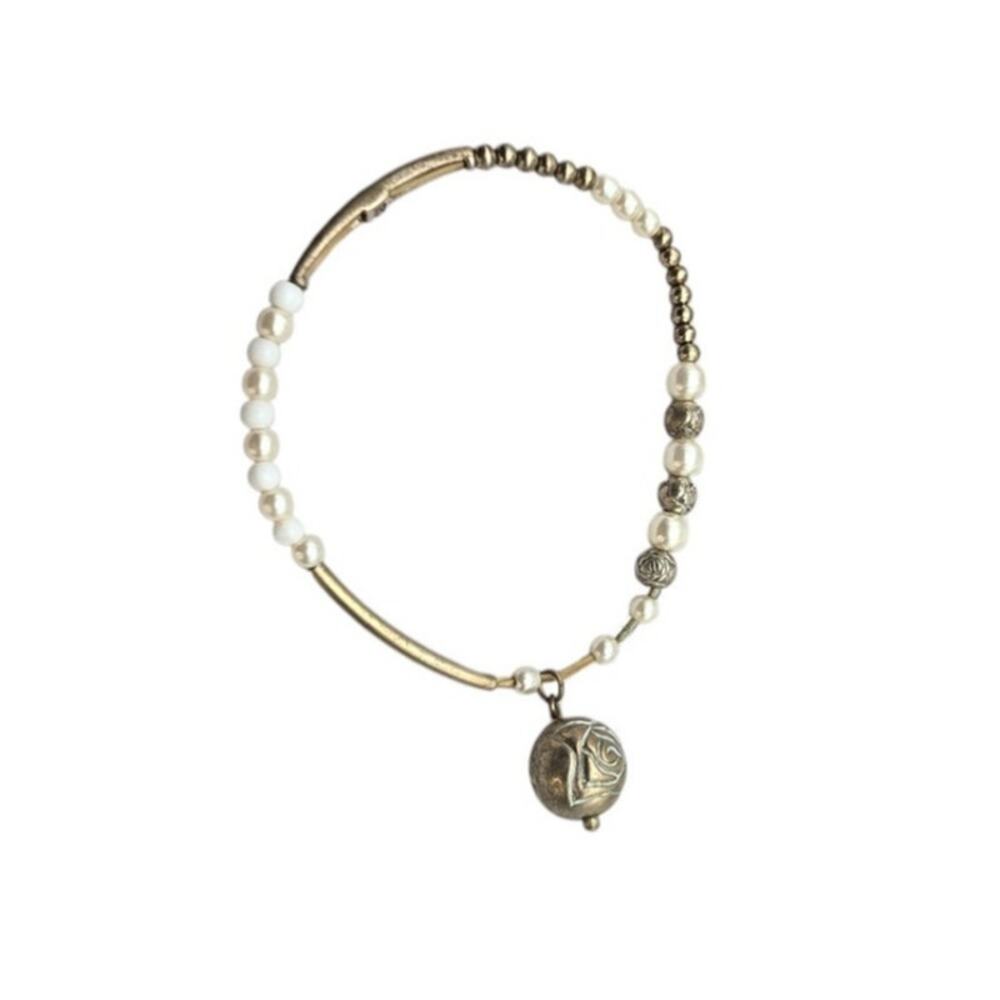 Artisan Pearl Mixed Metal Bead Bracelet Gold Silver Tone Heirloom Style